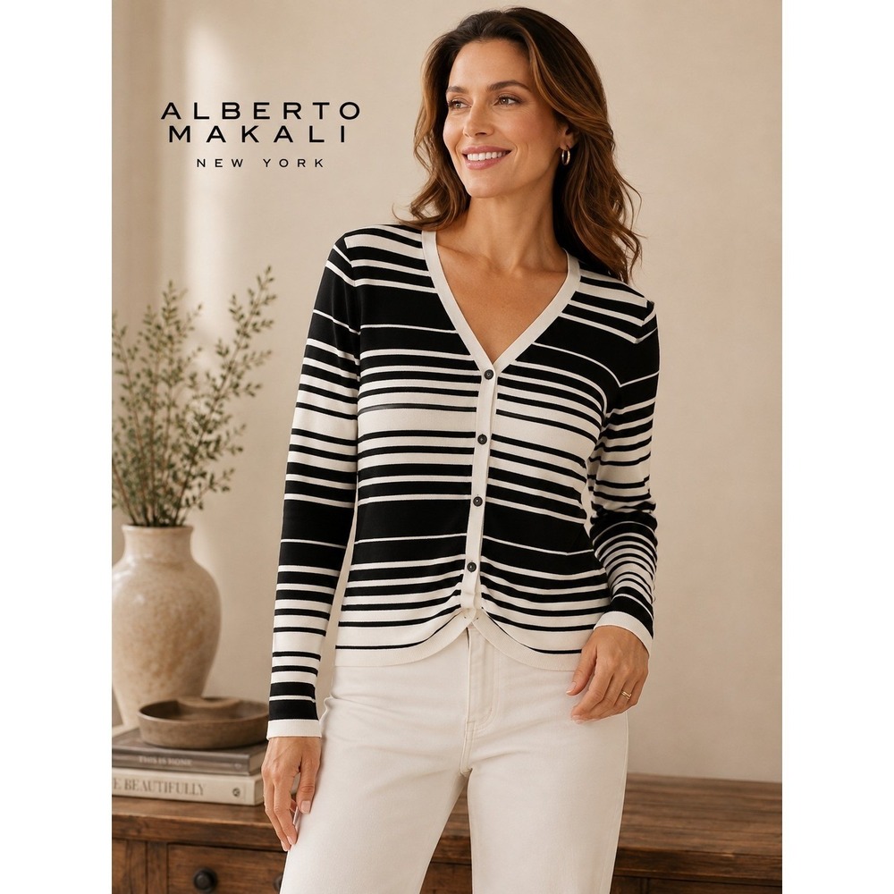 Alberto Makali Womens Black White Striped Cardigan Sweater V-Neck Long Sleeve M